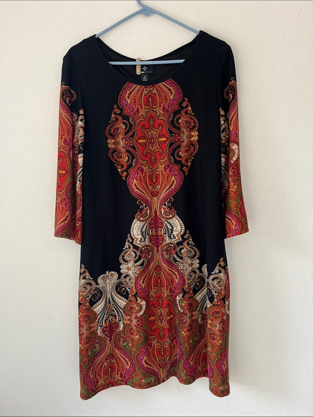 Ronni Nicole Black Long Sleeve Paisley-Print Dress with Red Accents